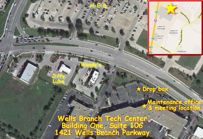 New meeting place and dropbox location at 1421 Wells Branch Parkway.